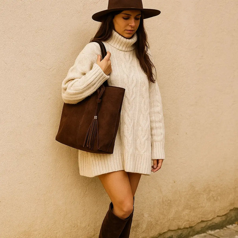 Bolsa Feminina de Camurça Sintética com Franjas Estilo Boho Chic | Tendência Inverno 2025
